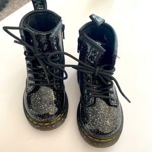 The CUTEST Doc Marten toddler girl black sparkle (zip side) combat boot!